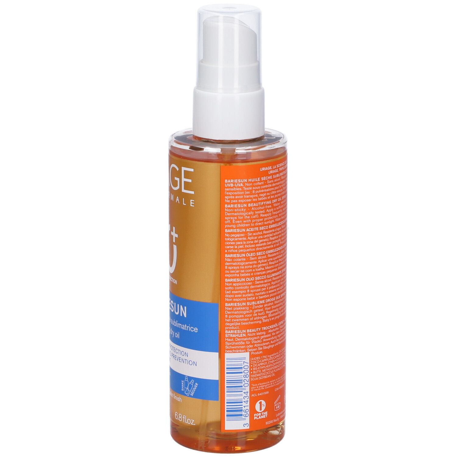 Flacone Uriage Bariesun Olio Secco Illuminante SPF 50+. Vista laterale. Liquido arancione, erogatore bianco. Testo.
