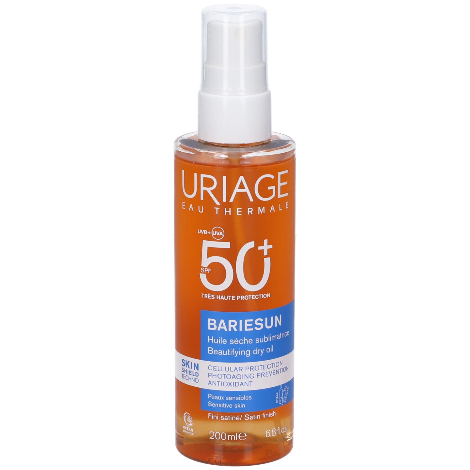 Flacone Uriage Bariesun Olio Secco Illuminante SPF 50+. Liquido arancione, erogatore bianco. Testo: SPF 50+, Bariesun, 200ml.