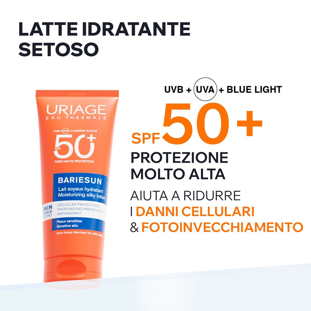 Latte solare Uriage Bariésun SPF50+ con testo e immagine del prodotto.