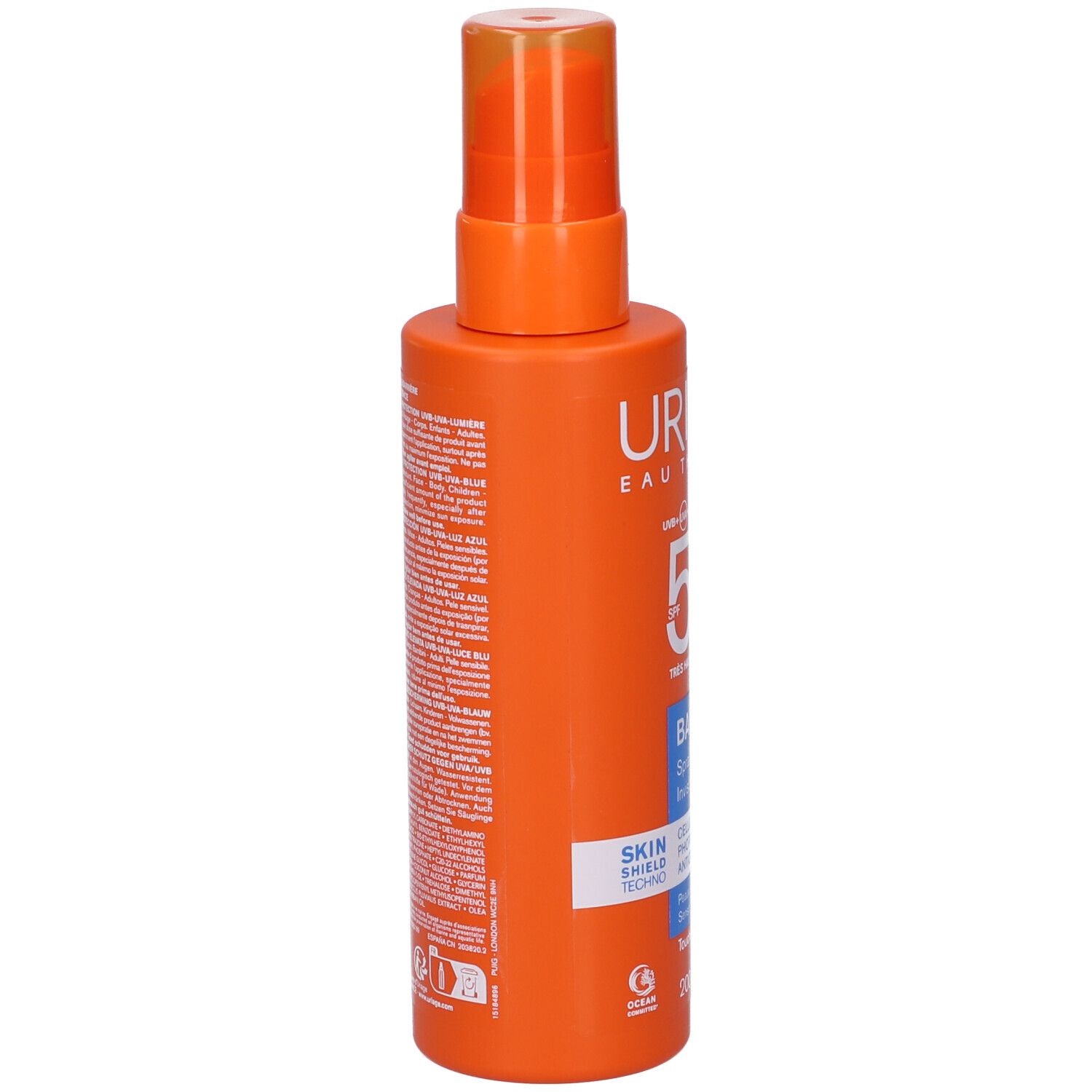 Flacone spray arancione con testo. Uriage Eau Thermale Bariesun SPF 50+ Spray. Vista dettagliata del retro.