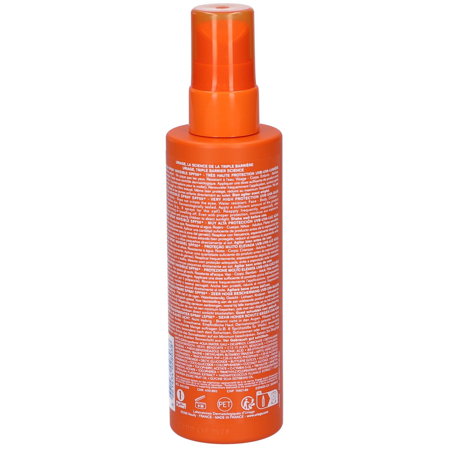Retro del flacone spray arancione. Testo in bianco. Uriage Eau Thermale Bariesun SPF 50+ Spray.