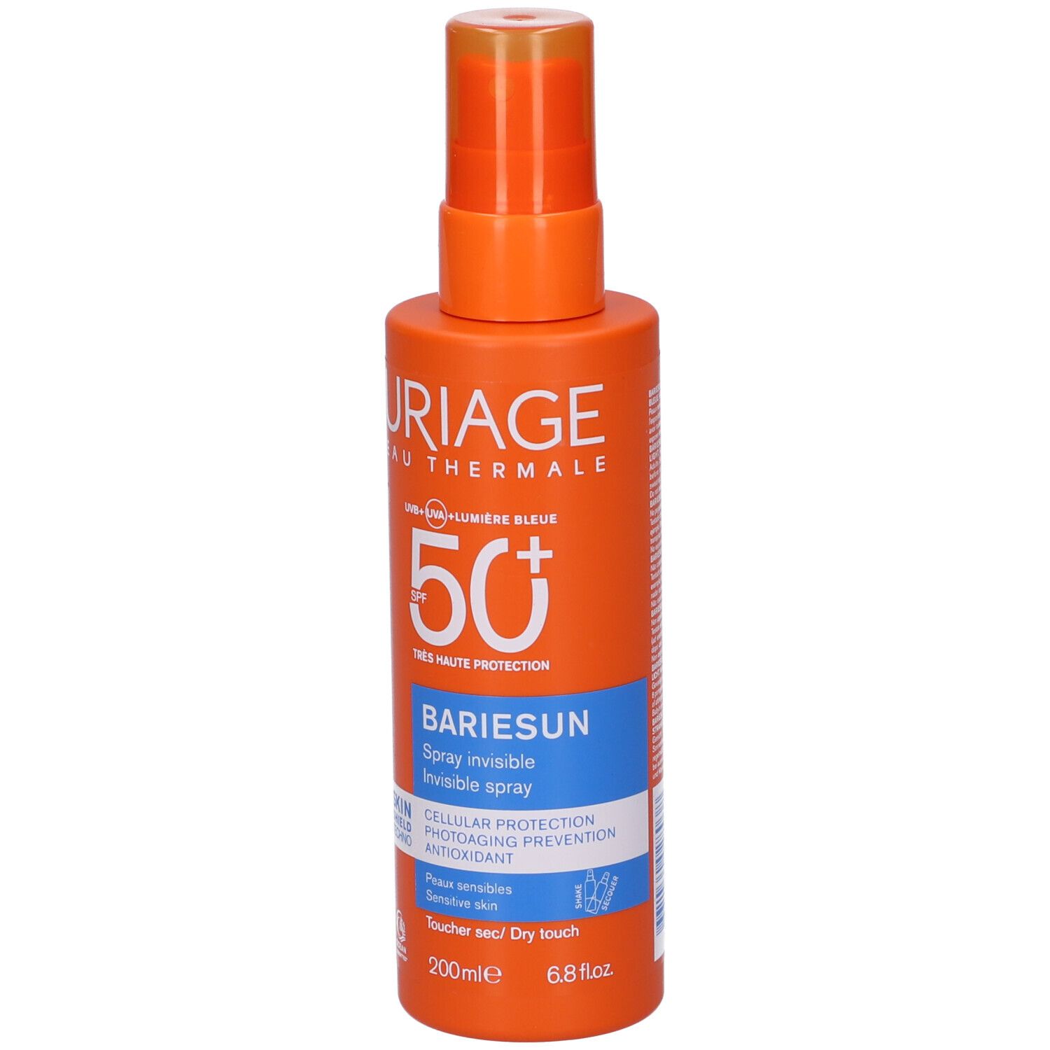 Flacone spray arancione con testo bianco. Uriage Eau Thermale Bariesun SPF 50+ Spray. Loghi e testo visibili.