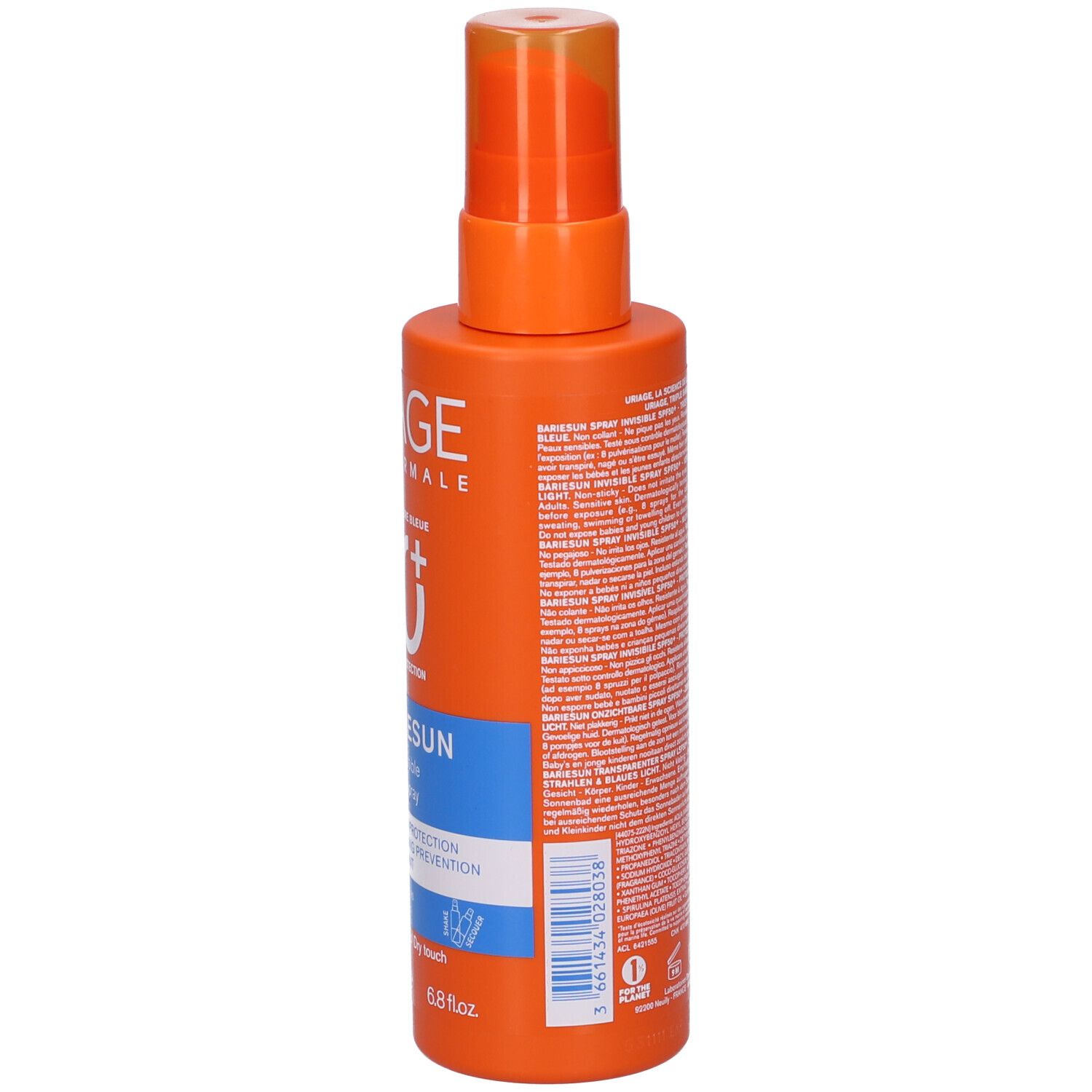 Flacone spray arancione con testo. Uriage Eau Thermale Bariesun SPF 50+ Spray. Vista laterale dettagliata.
