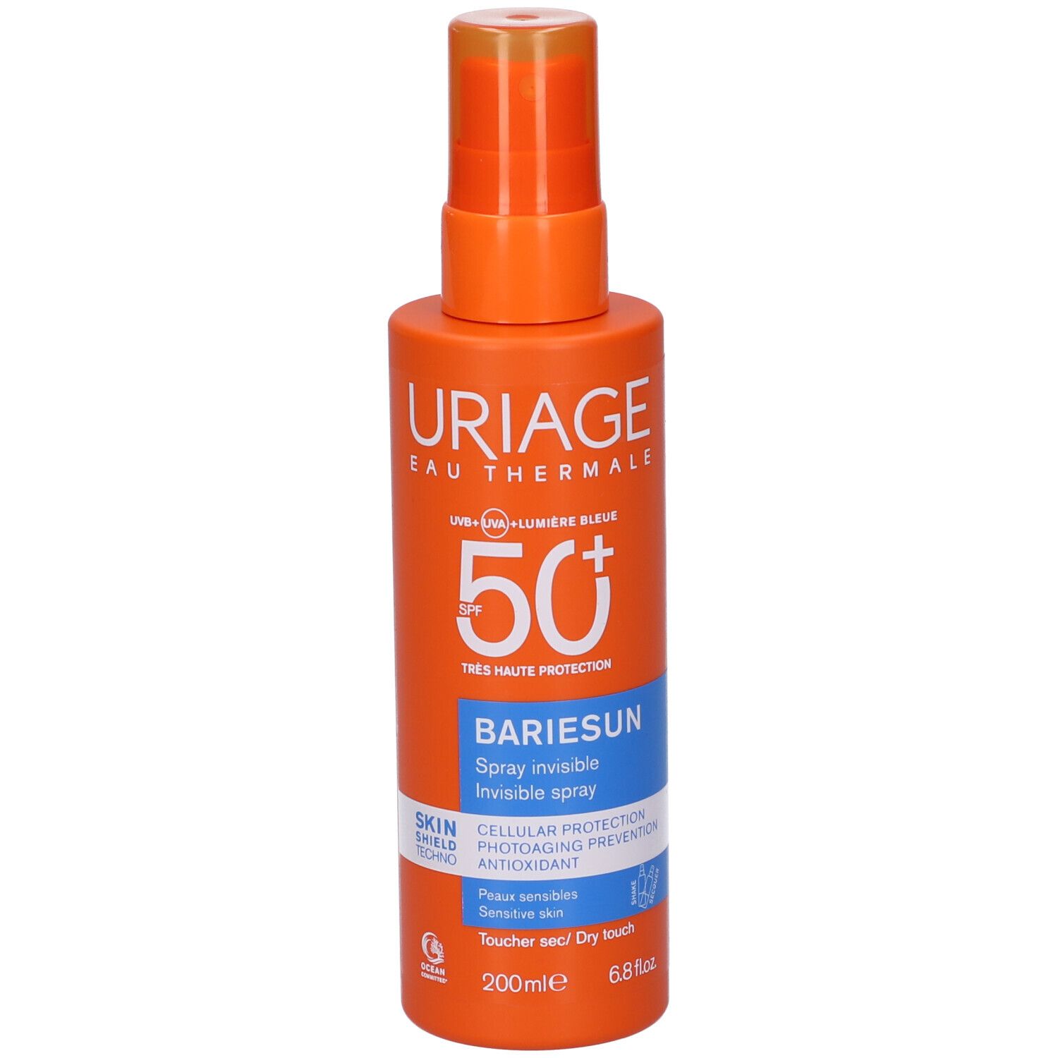 Flacone spray arancione con testo bianco. Uriage Eau Thermale Bariesun SPF 50+ Spray. Loghi e testo visibili.