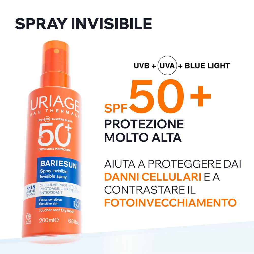Spray Uriage Bariesun SPF50+: protezione UV e luce blu, alta protezione.