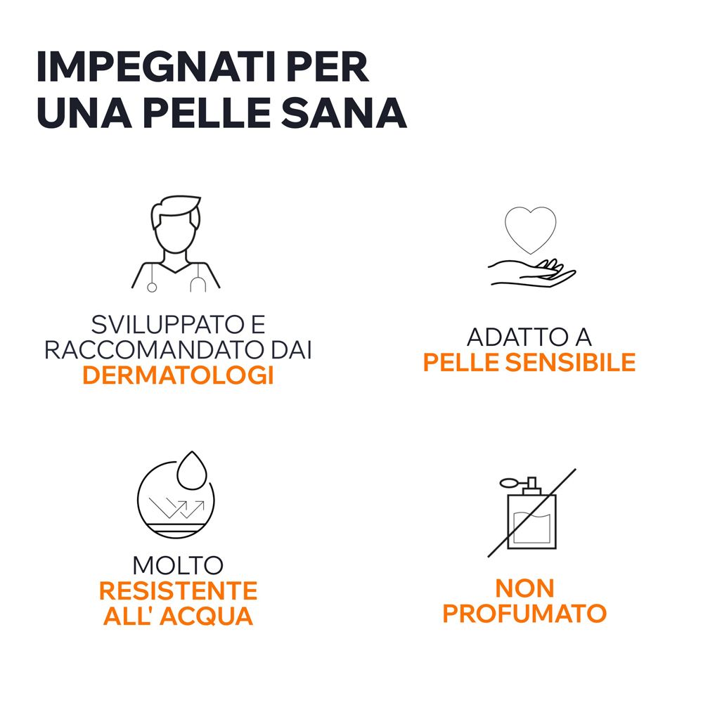 Icone: Sviluppato da dermatologi, per pelli sensibili, molto resistente all'acqua, senza profumo.