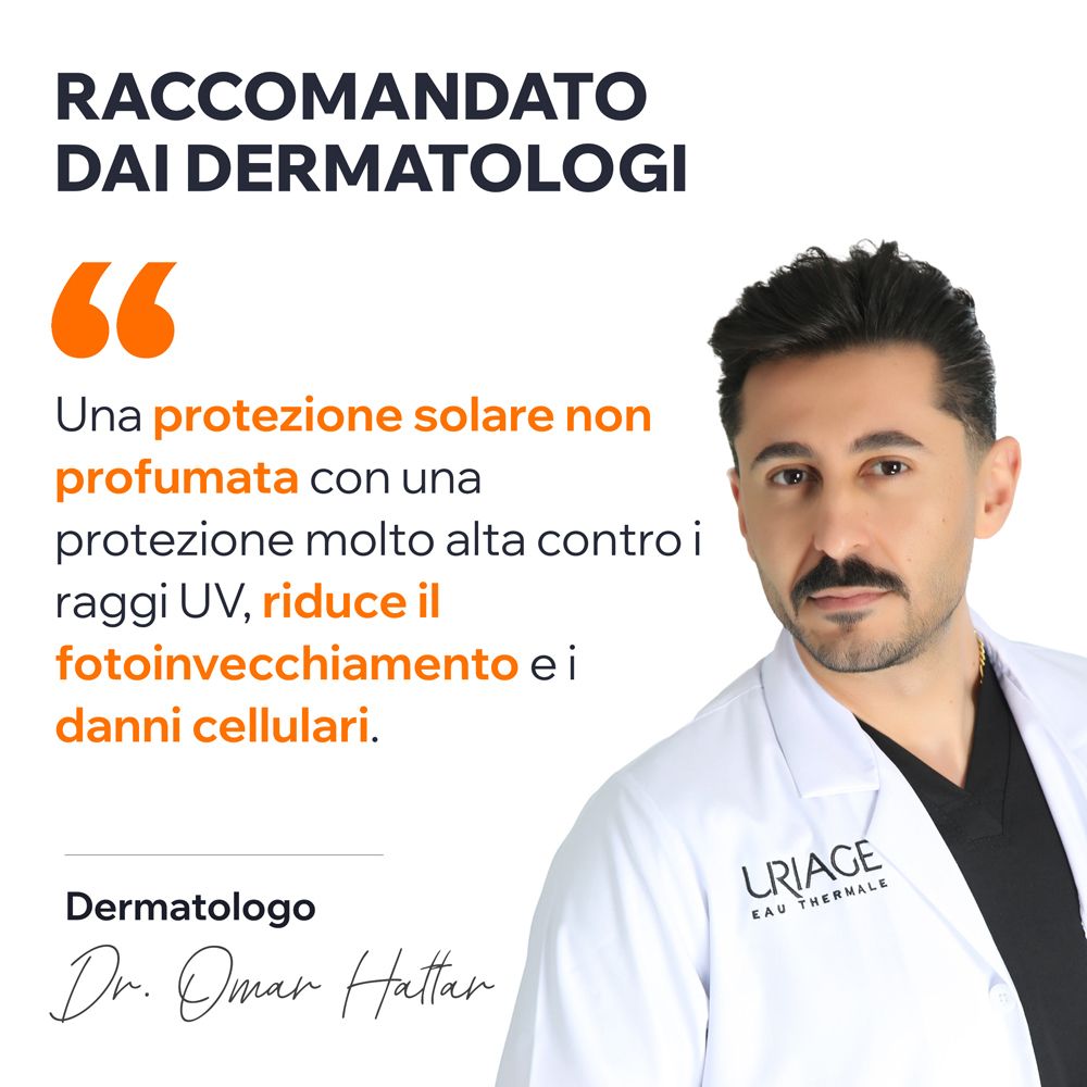Ritratto di un dermatologo. Raccomanda la protezione solare per pelli sensibili.