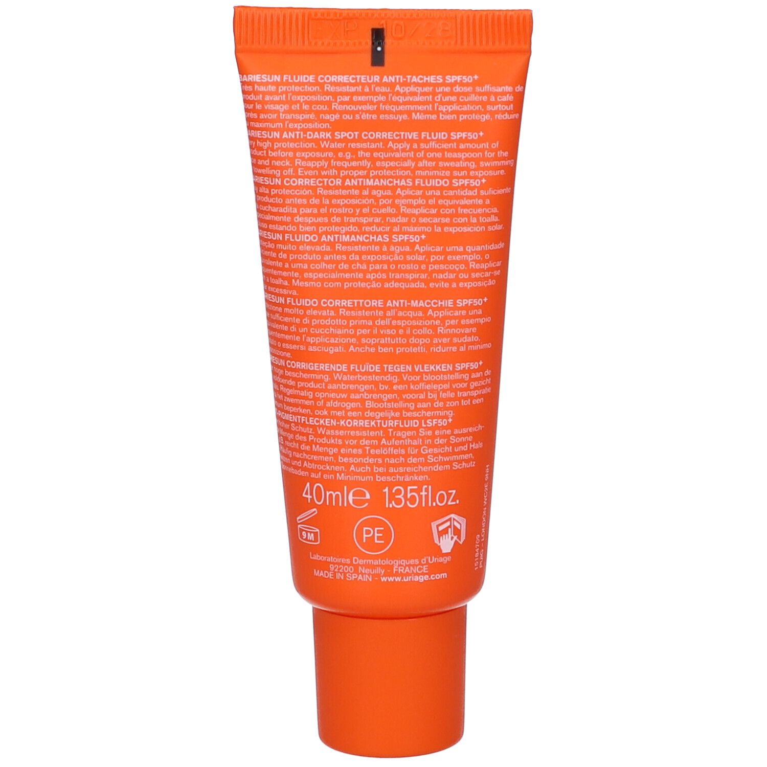 Retro del tubo arancione. Testo multilingue. Uriage Bariesun Fluide Correcteur Anti-Taches SPF50+.