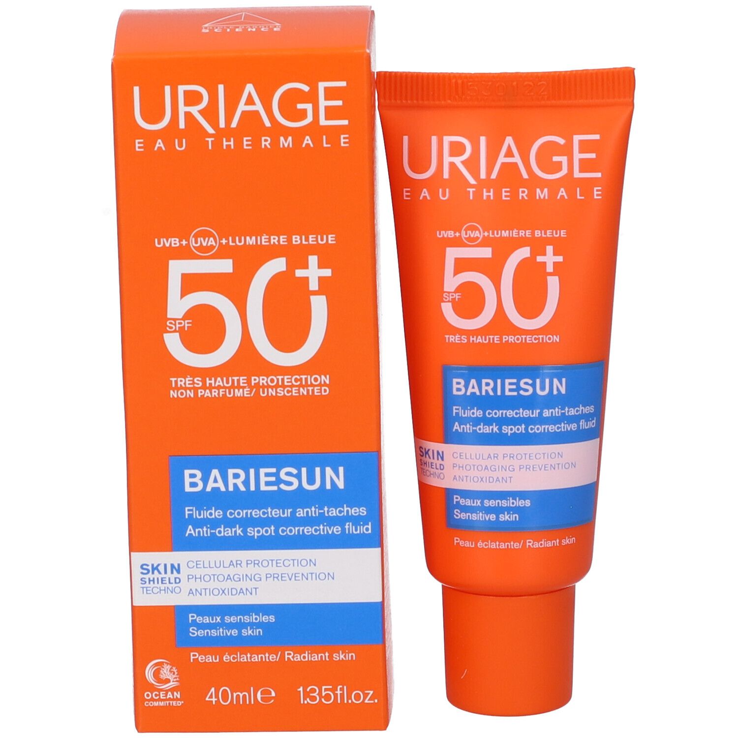 Scatola e tubo arancioni. Uriage Eau Thermale, SPF 50+, Bariesun Fluide Correcteur Anti-Taches. Dettagli bianchi e blu.
