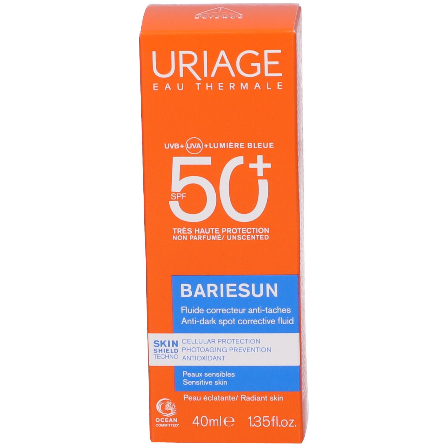 Scatola arancione. Uriage Eau Thermale, SPF 50+, Bariesun Fluide Correcteur Anti-Taches. Dettagli bianchi e blu.