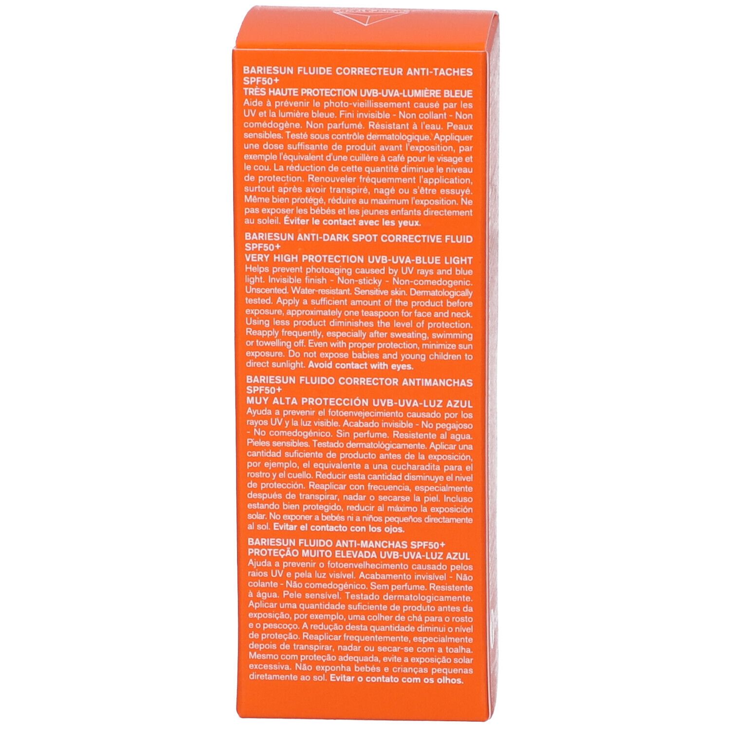 Lato della scatola arancione. Testo multilingue su Bariesun Fluide Correcteur Anti-Taches SPF50+.