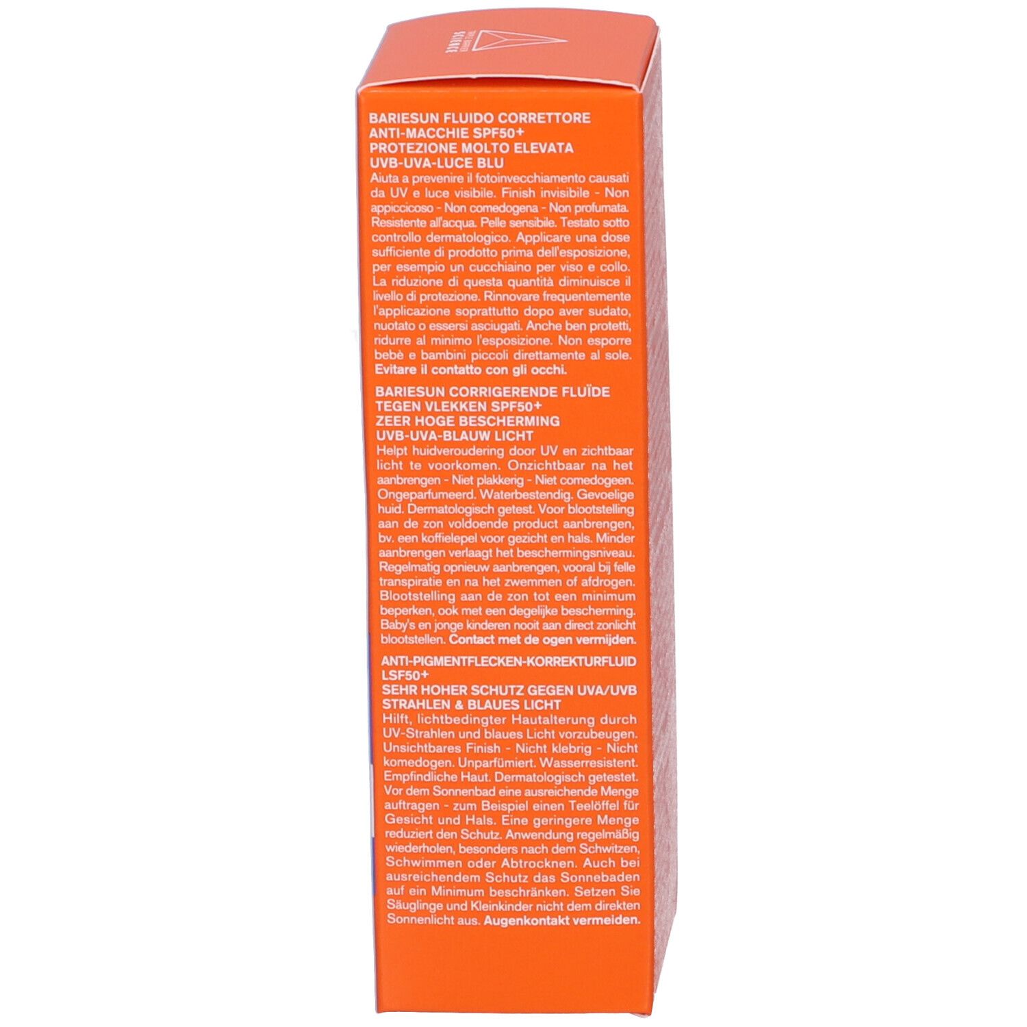 Lato della scatola arancione. Testo multilingue su Bariesun Fluido Correttore Anti-Macchie SPF50+.
