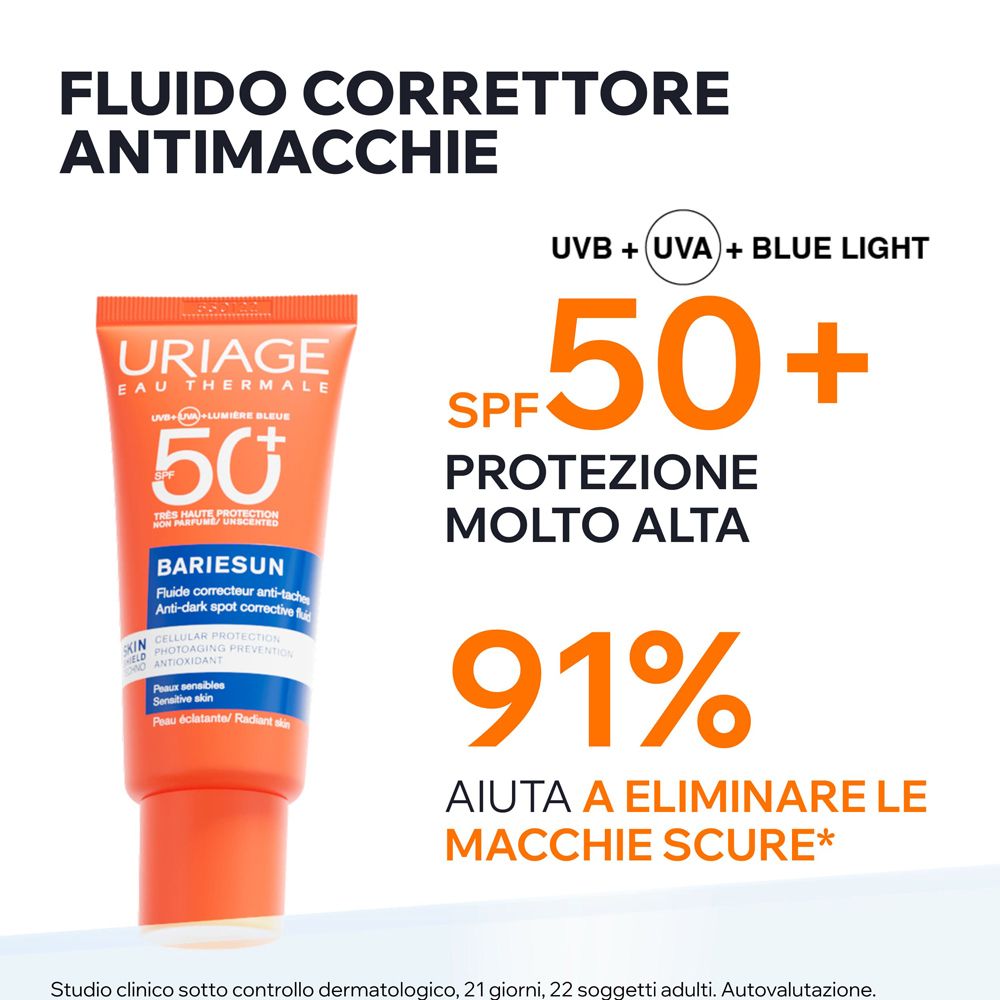 Uriage Bariesun Fluido SPF50+ con protezione solare 50+ e azione anti-macchie.