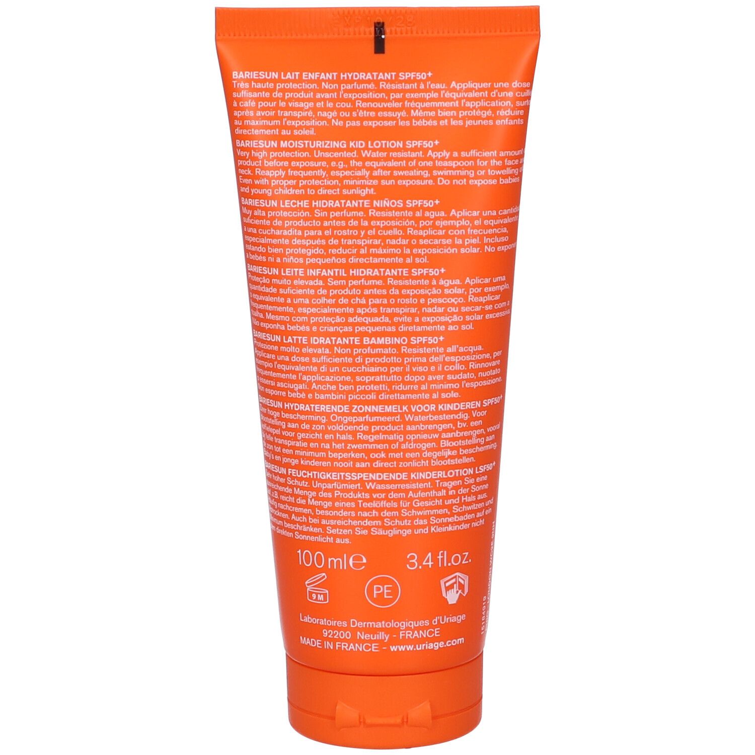 Retro di un tubo arancione. Testo in più lingue. In basso: 100 ml, 3.4 fl.oz. e loghi.