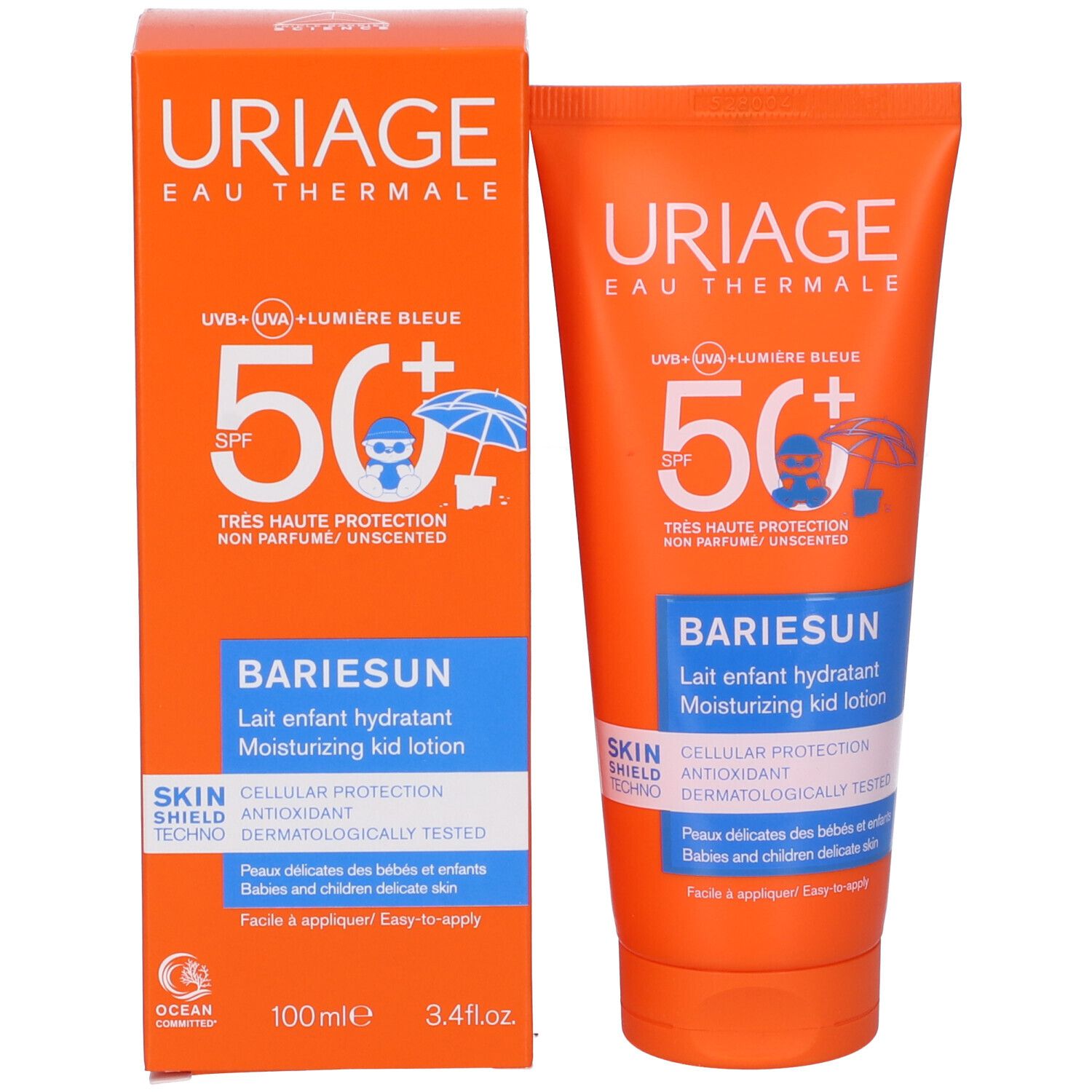 Confezione del prodotto: Scatola e tubo arancioni. Scritta: Uriage Eau Thermale, 50+ SPF, Bariesun Lait Enfant Hydratant.