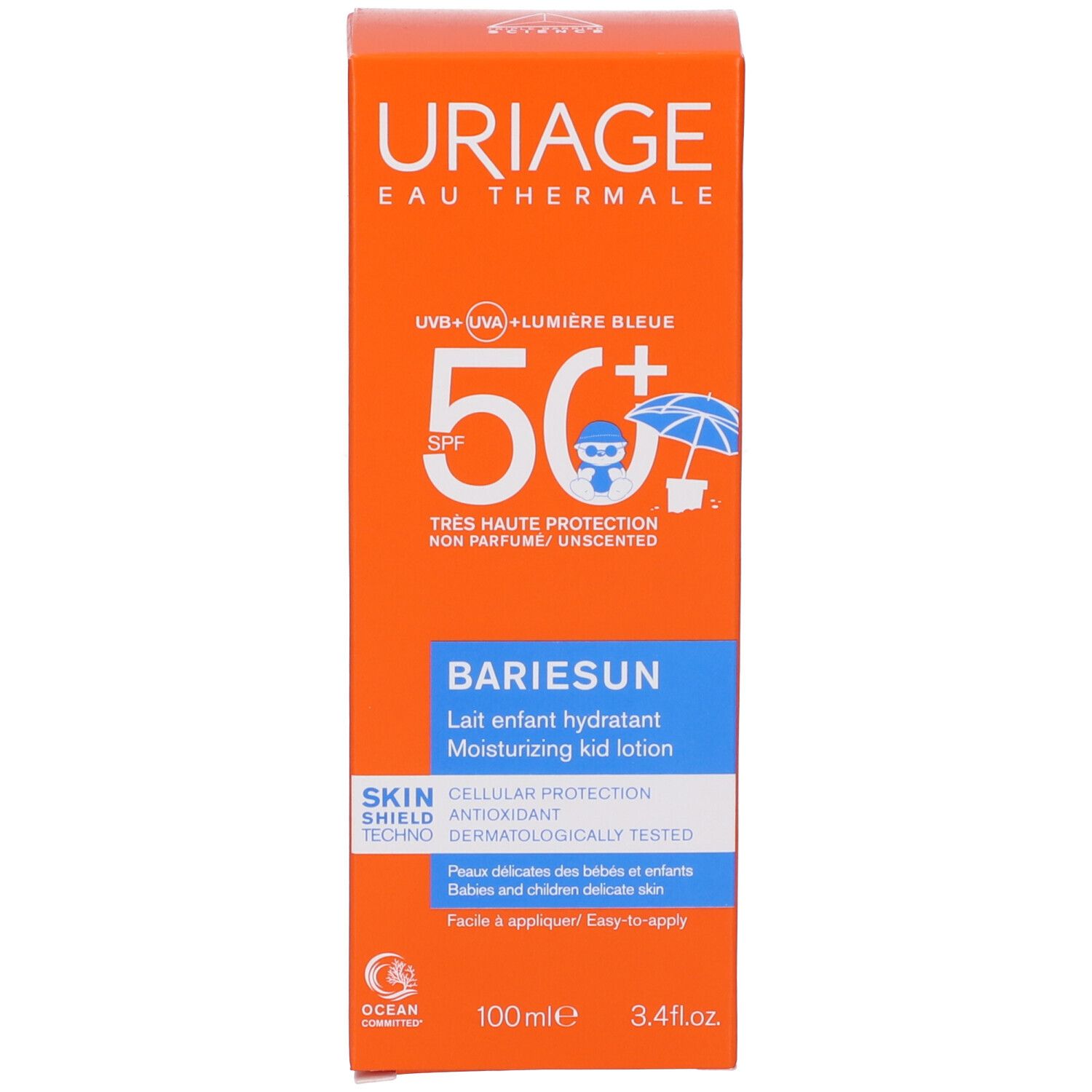 Scatola arancione. Scritta: Uriage Eau Thermale, 50+ SPF, Bariesun Lait Enfant Hydratant. Scrittura blu e bianca.