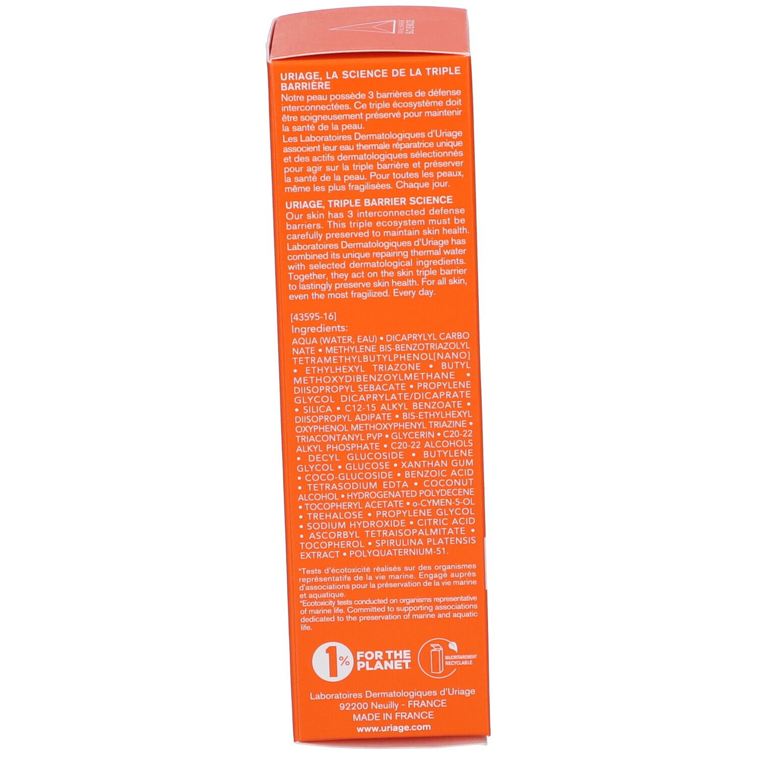 Retro della scatola arancione. Testo in francese. Ingredienti e loghi.