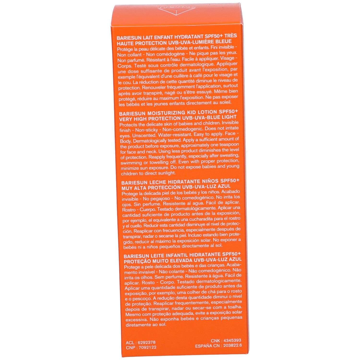 Lato della scatola arancione. Testo in più lingue. Descrizione del prodotto e loghi.