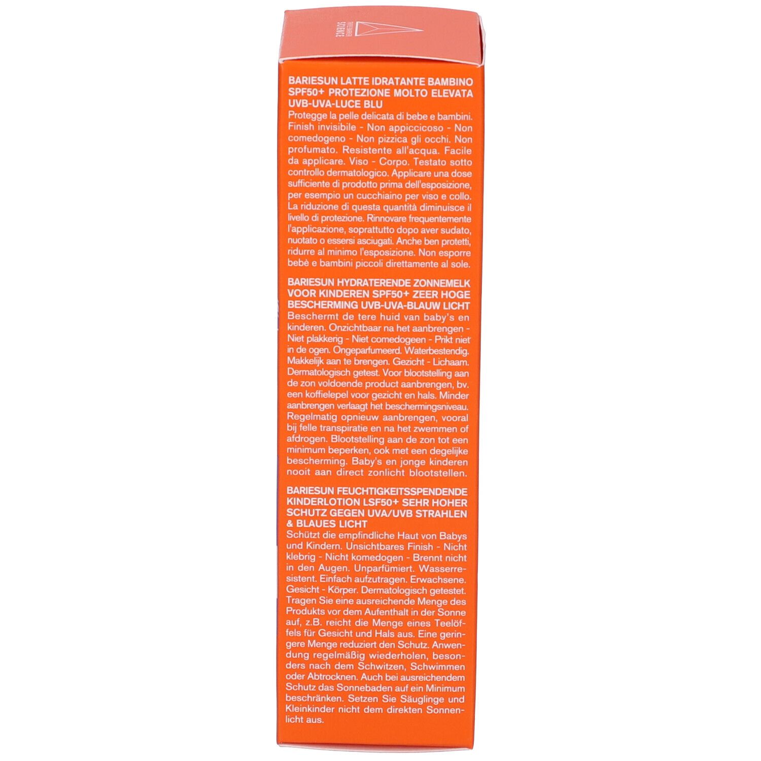 Lato della scatola arancione. Testo in più lingue. Descrizione del prodotto e loghi.