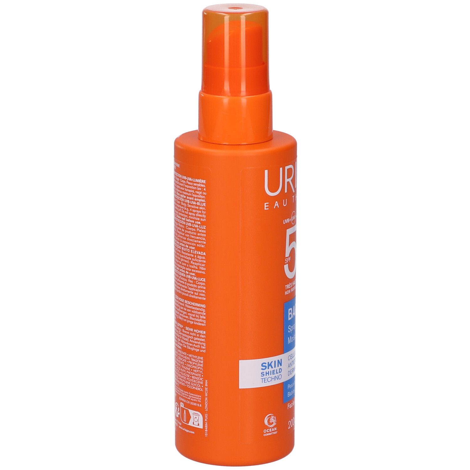 Retro di un flacone spray arancione. Testo in bianco. Uriage Eau Thermale Bariesun SPF 50+ Spray Bimbi. Informazioni sul prodotto.