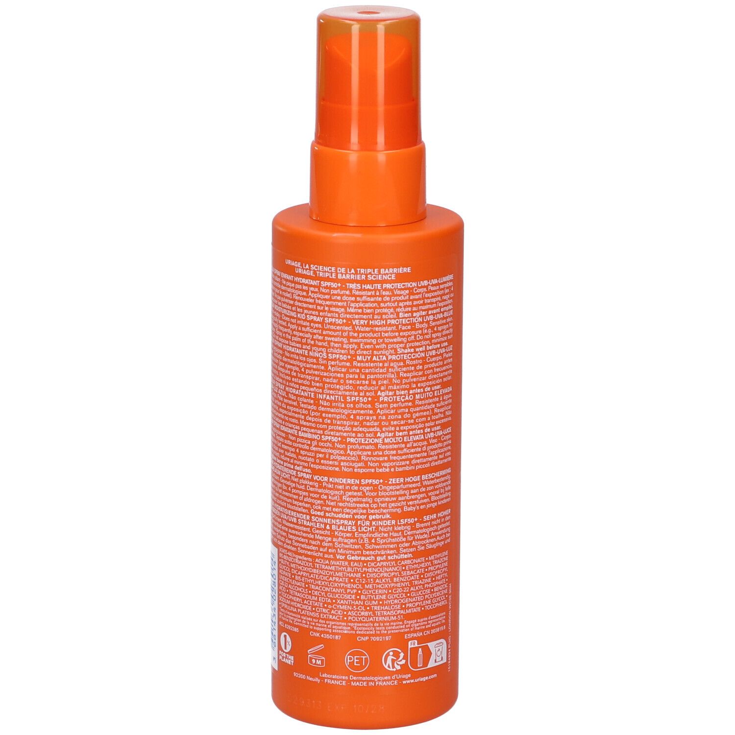 Retro di un flacone spray arancione. Testo in bianco. Uriage Eau Thermale Bariesun SPF 50+ Spray Bimbi. Informazioni sul prodotto.