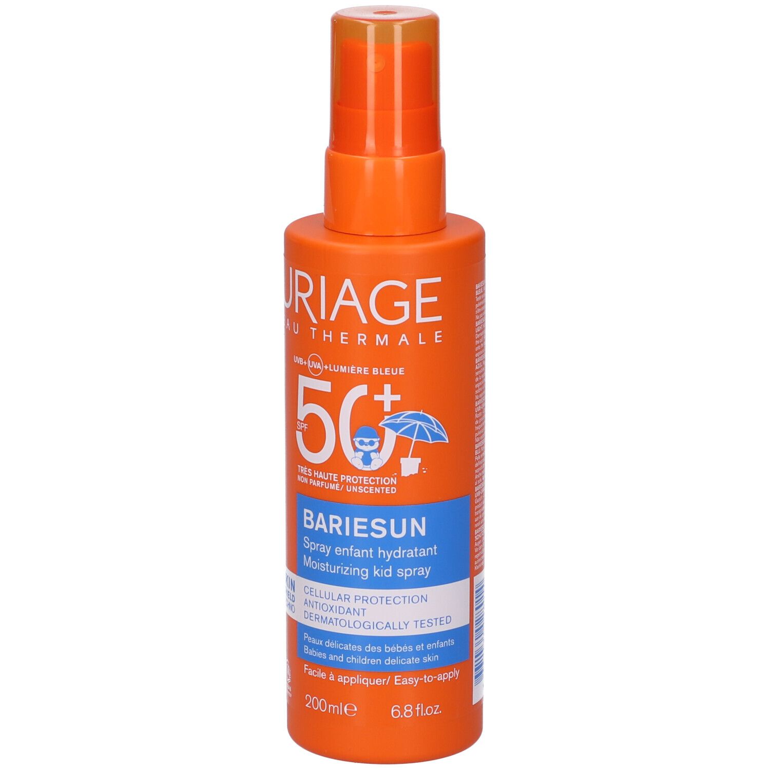 Flacone spray arancione con testo bianco. Uriage Eau Thermale Bariesun SPF 50+ Spray Bimbi. Protezione solare per bambini. SPF 50+.