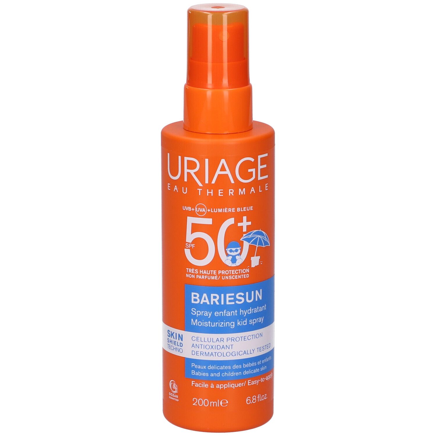 Flacone spray arancione con testo bianco. Uriage Eau Thermale Bariesun SPF 50+ Spray Bimbi. Protezione solare per bambini. SPF 50+.