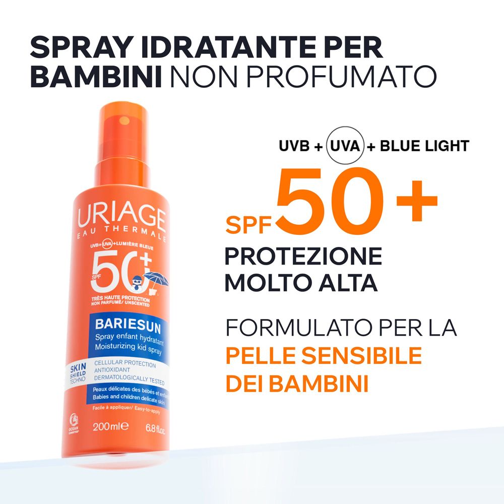 Spray solare Uriage Bariésun per bambini SPF50+: Alta protezione, idratante, per pelli sensibili.