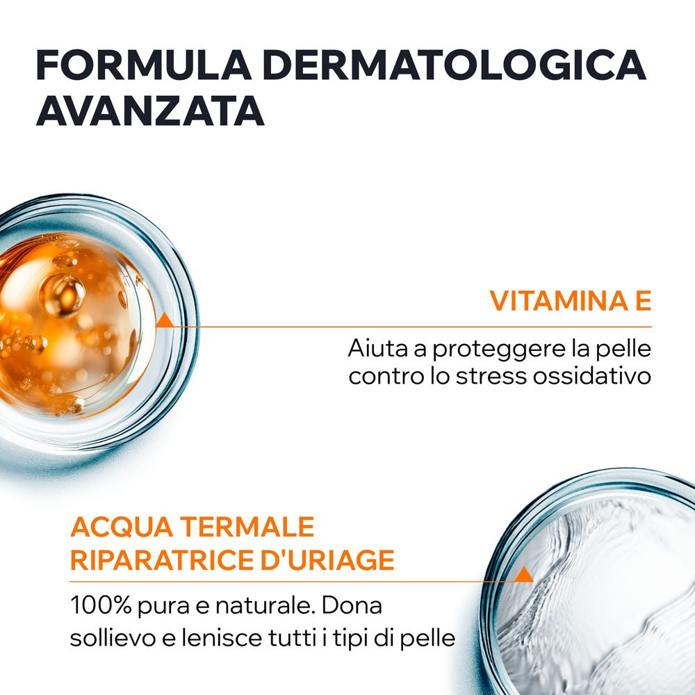 Acqua Termale d'Uriage e Vitamina E nella formula di cura. "Acqua termale riparatrice".