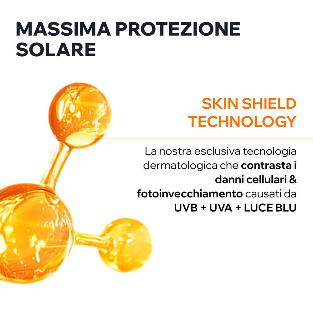 Rappresentazione molecolare della tecnologia Skin Shield. Protegge dai danni UV e luce blu.