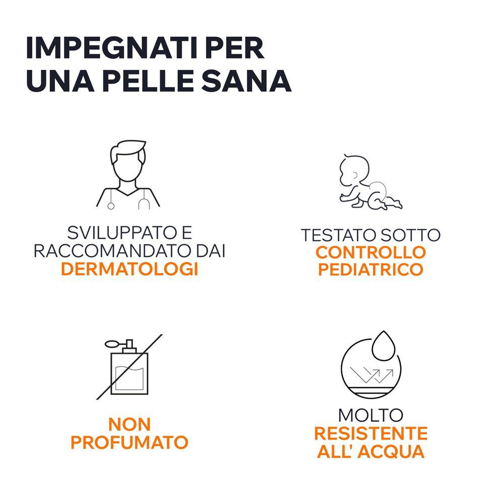 Icone: Sviluppato da dermatologi, testato sotto controllo pediatrico, senza profumo, resistente all'acqua.
