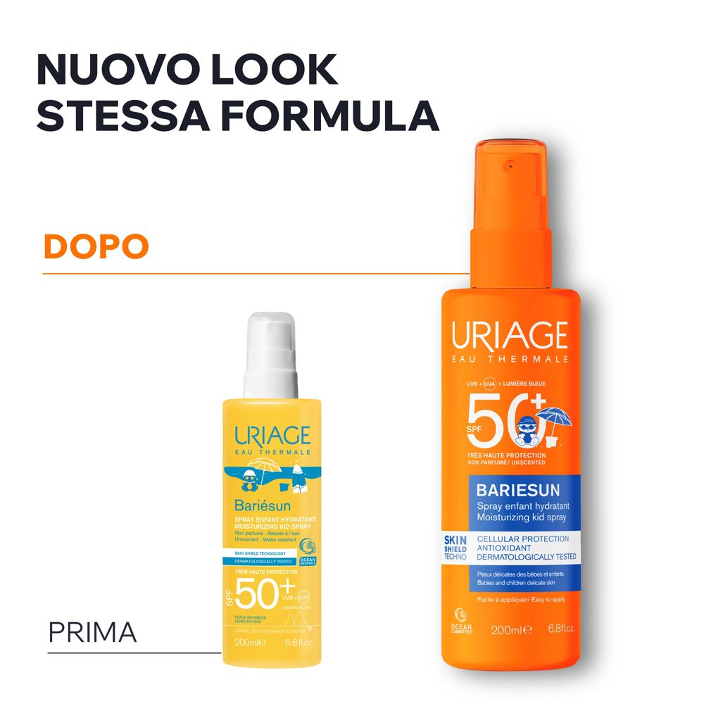 Confronto: Nuovo design (destra) vs vecchio design (sinistra) dello spray Uriage Bariésun.