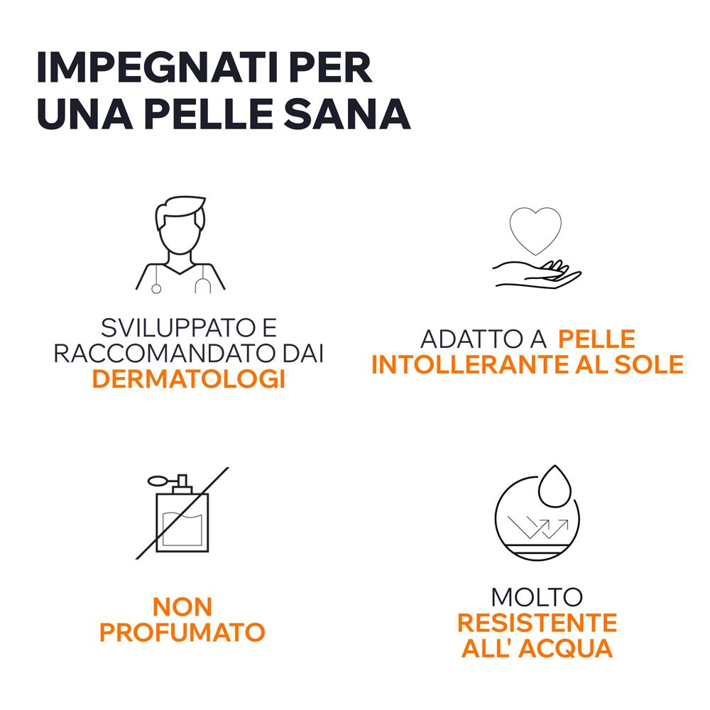 Sviluppato da dermatologi, adatto a pelli intolleranti al sole, senza profumo, molto resistente all'acqua.