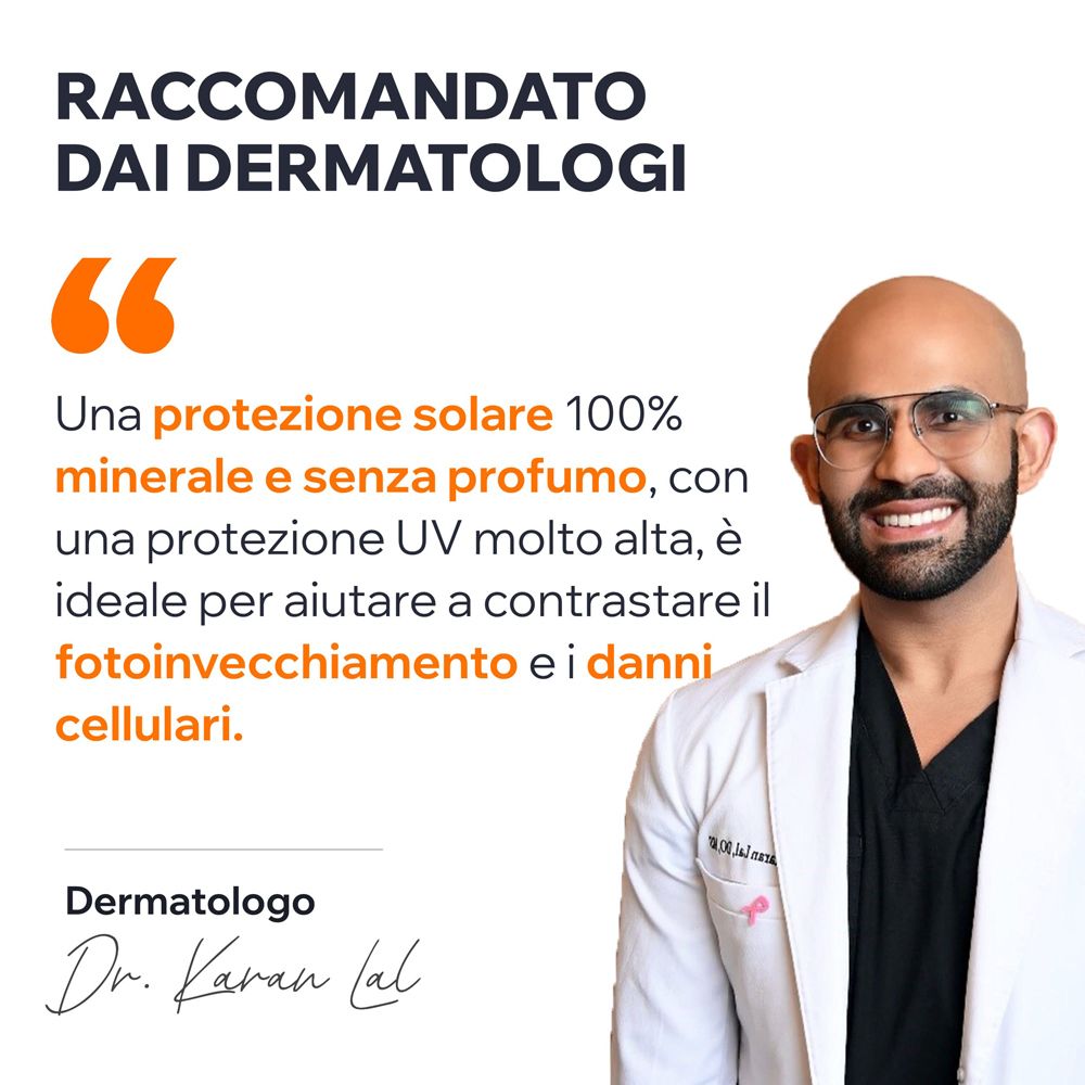 Raccomandato dai dermatologi: crema solare minerale senza profumo, protegge dal fotoinvecchiamento.