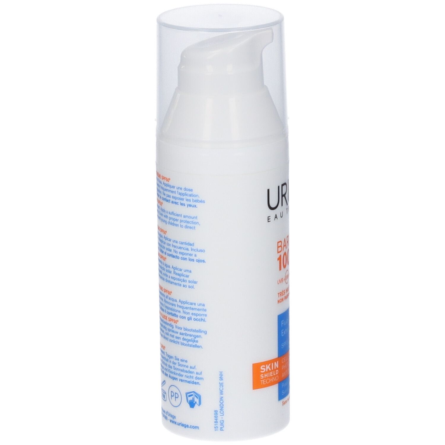 Flacone bianco con tappo trasparente. Testo sul retro. Logo Uriage. Simbolo di riciclaggio PP.