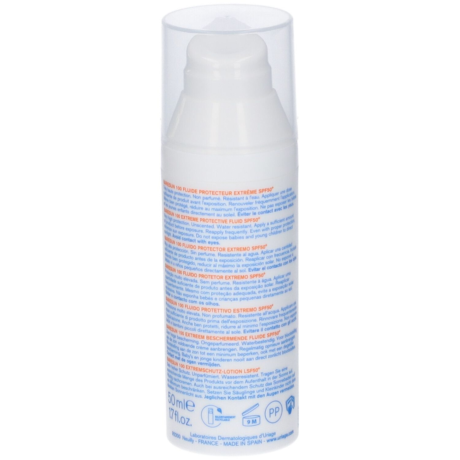Flacone bianco con tappo trasparente. Testo sul retro. Logo Uriage. 50ml, 1.7 fl.oz.