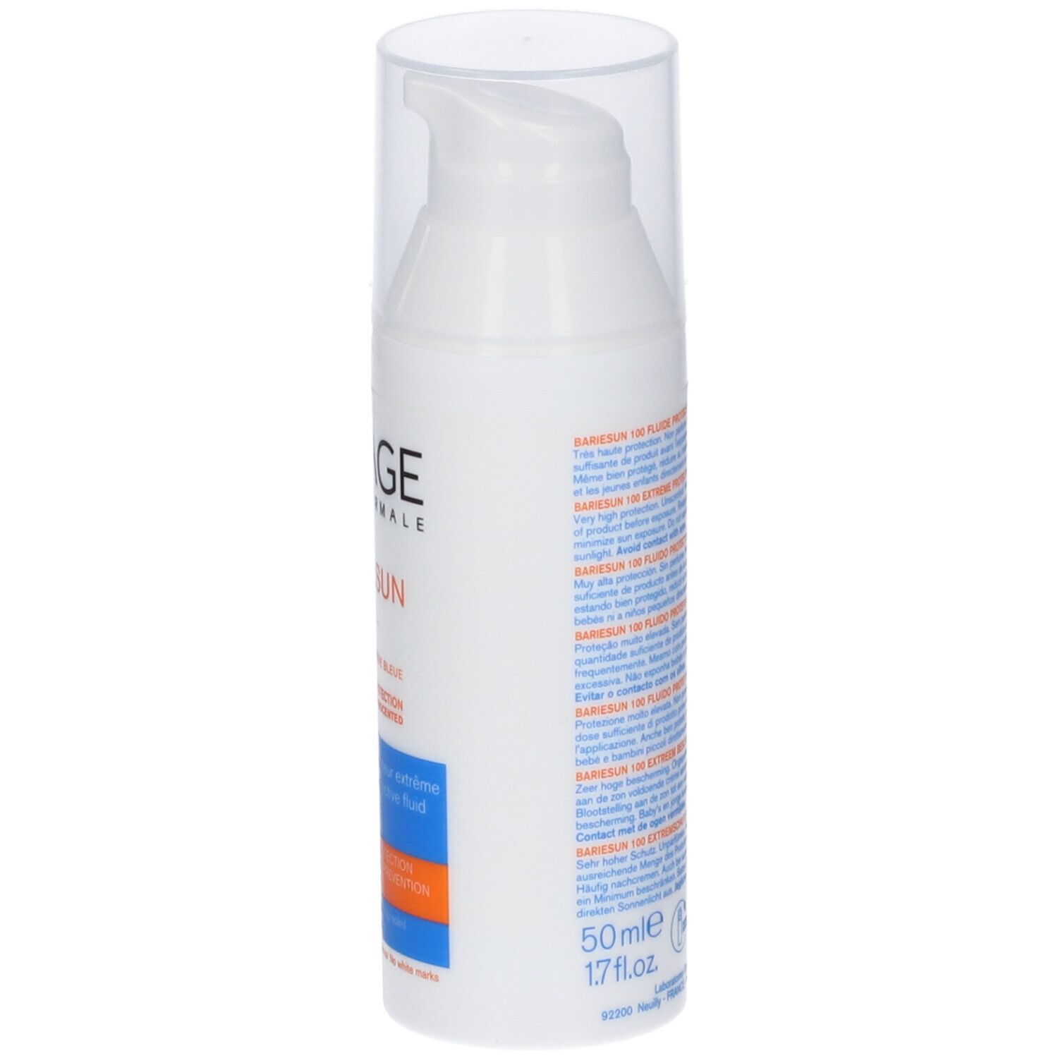 Flacone bianco con tappo trasparente. Testo sul retro. Logo Uriage. 50ml, 1.7 fl.oz.