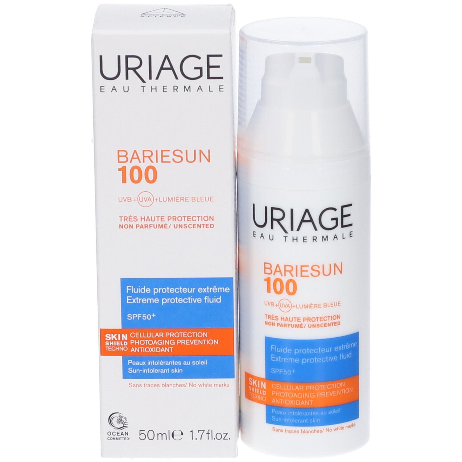 Confezione e flacone. Scritta Uriage, Bariesun 100, SPF 50+. 50ml, 1.7 fl.oz. Logo Ocean.