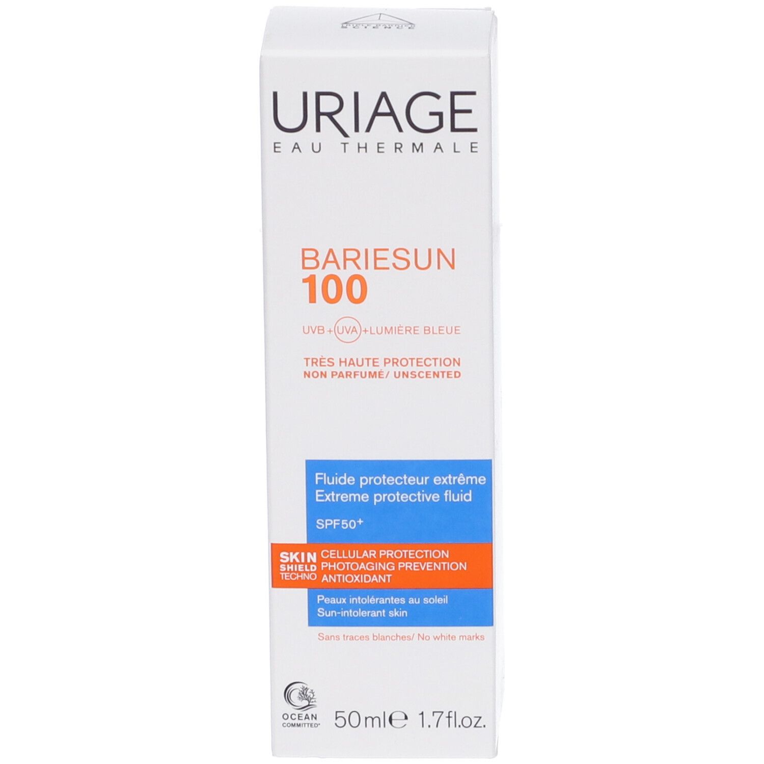Confezione del prodotto. Scritta Uriage, Bariesun 100, SPF 50+. 50ml, 1.7 fl.oz. Logo Ocean.