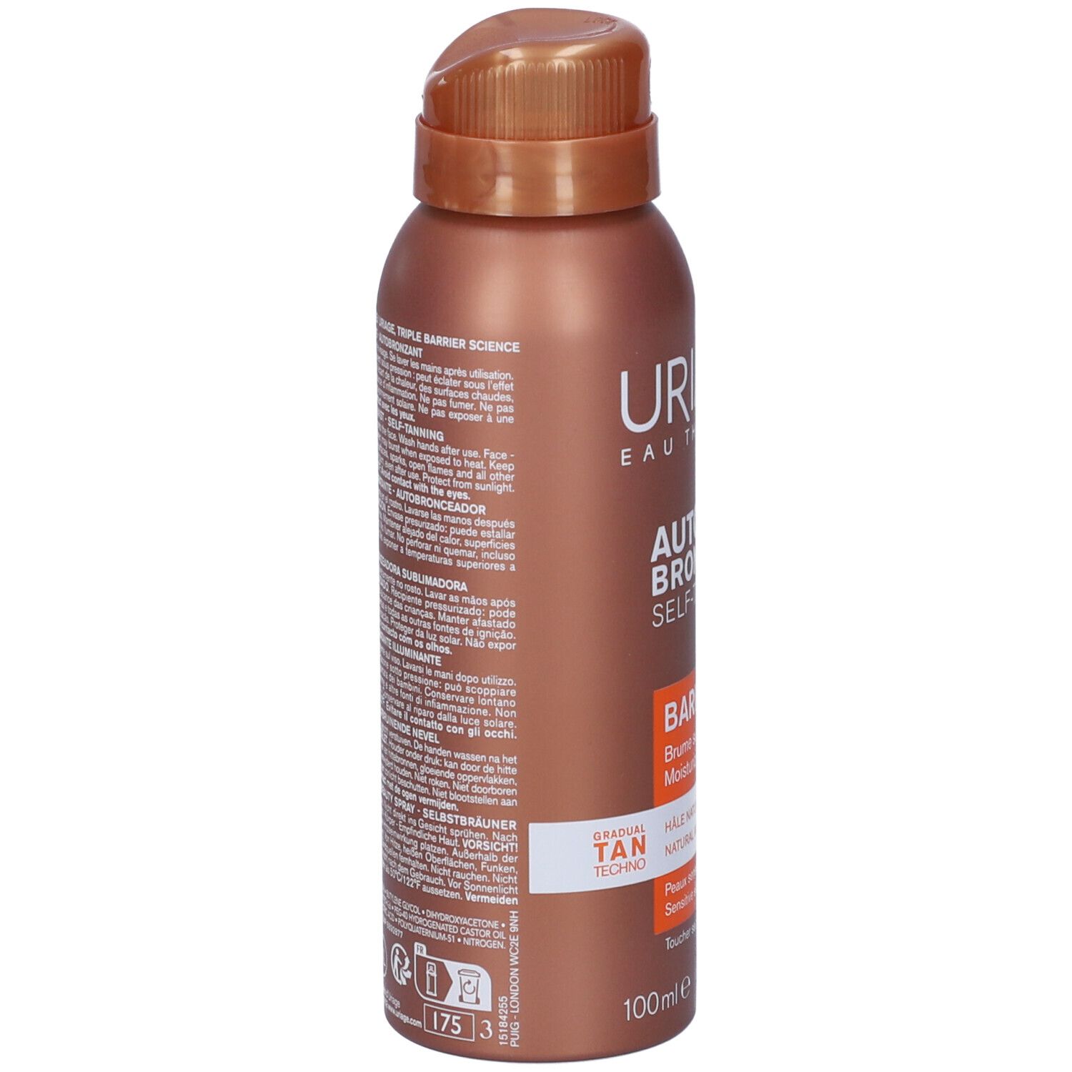 Spray autoabbronzante Uriage, retro con testo. Scritta: AUTO BRONZANT SELF-TANNING, BARIESUN. 100 ml.
