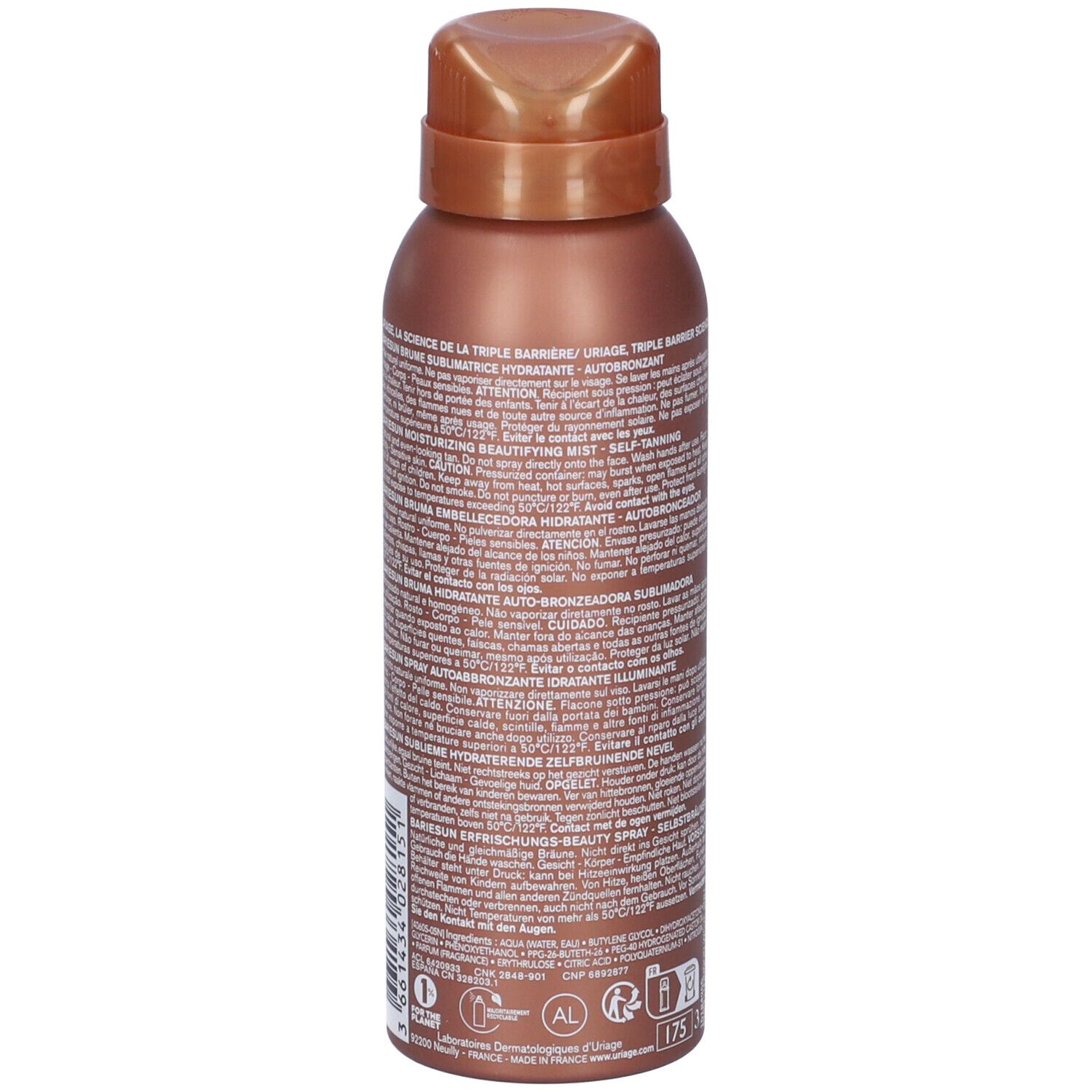 Spray autoabbronzante Uriage, retro con testo. Scritta: AUTO BRONZANT SELF-TANNING, BARIESUN. 100 ml.