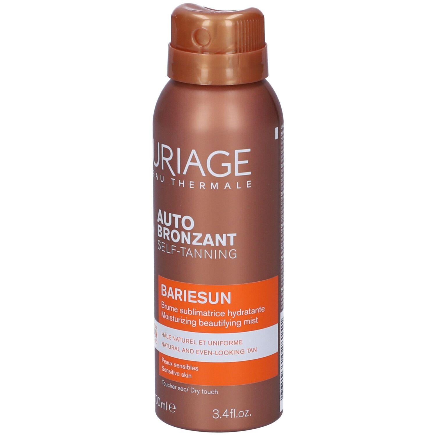 Spray autoabbronzante Uriage. Scritta: AUTO BRONZANT SELF-TANNING, BARIESUN. Per pelli sensibili. 100 ml.