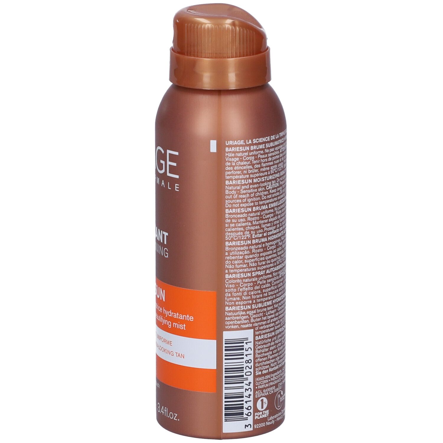 Spray autoabbronzante Uriage. Scritta: AUTO BRONZANT SELF-TANNING, BARIESUN. 100 ml. Codice a barre.