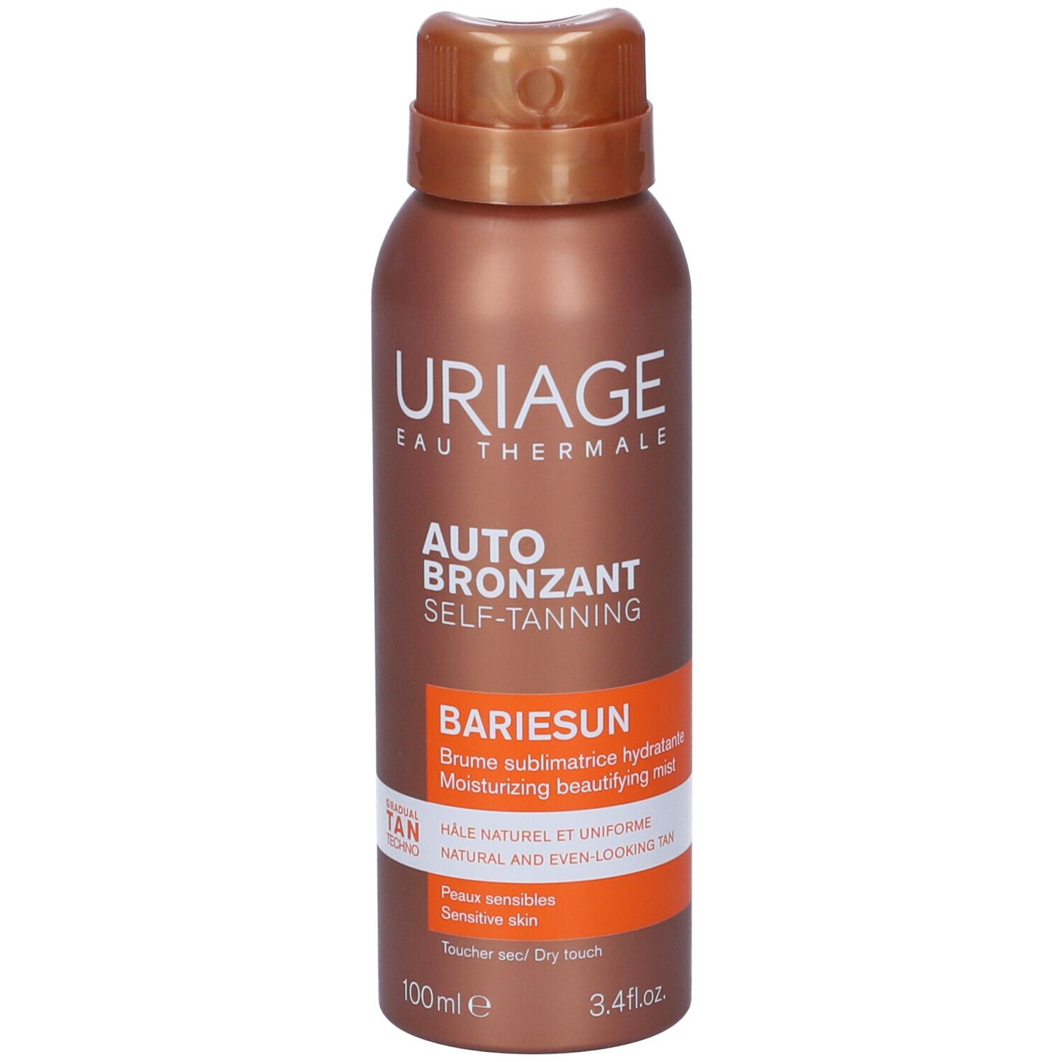Spray autoabbronzante Uriage. Scritta: AUTO BRONZANT SELF-TANNING, BARIESUN. Per pelli sensibili. 100 ml.