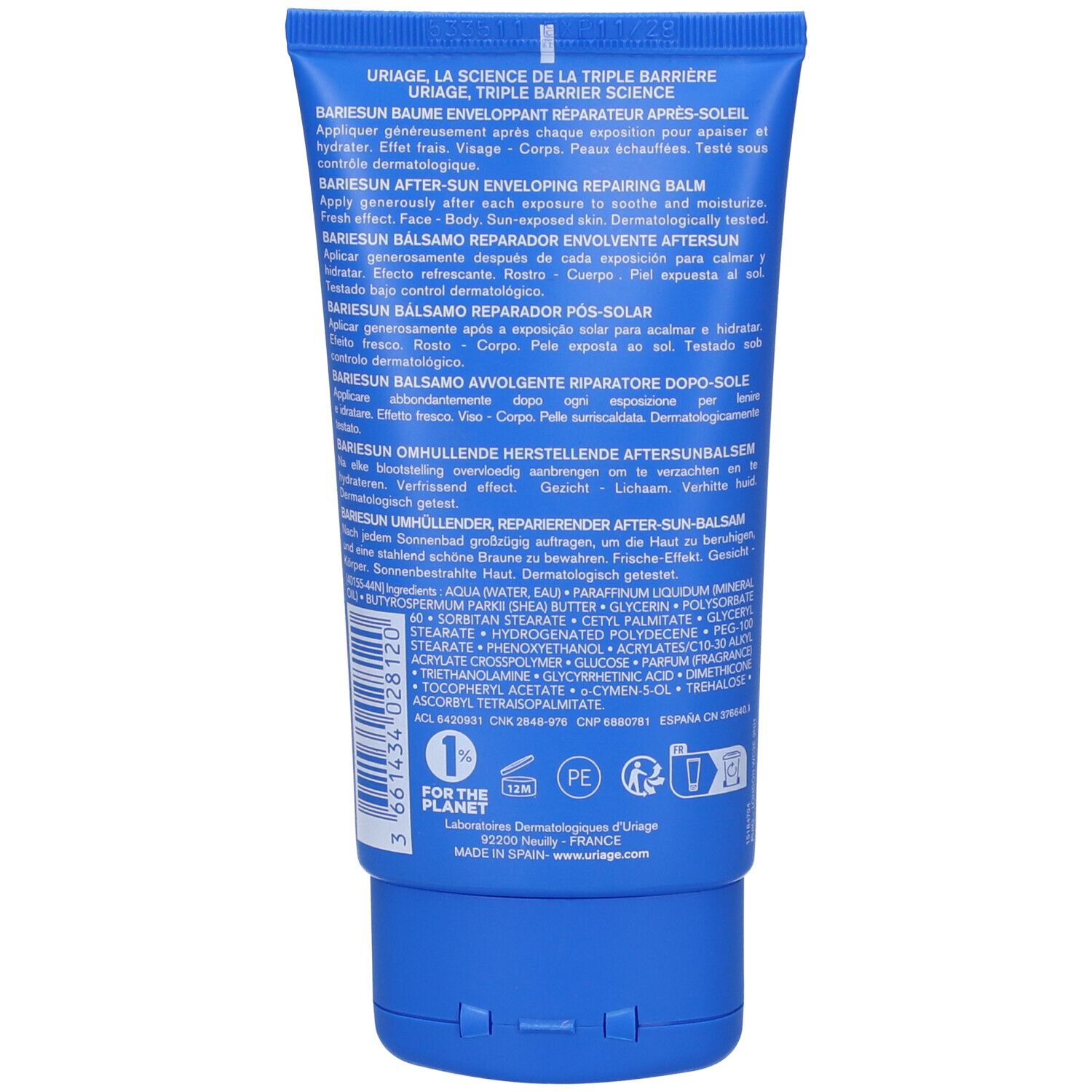 Retro di un tubo blu. Testo multilingue. "URIAGE" in basso.