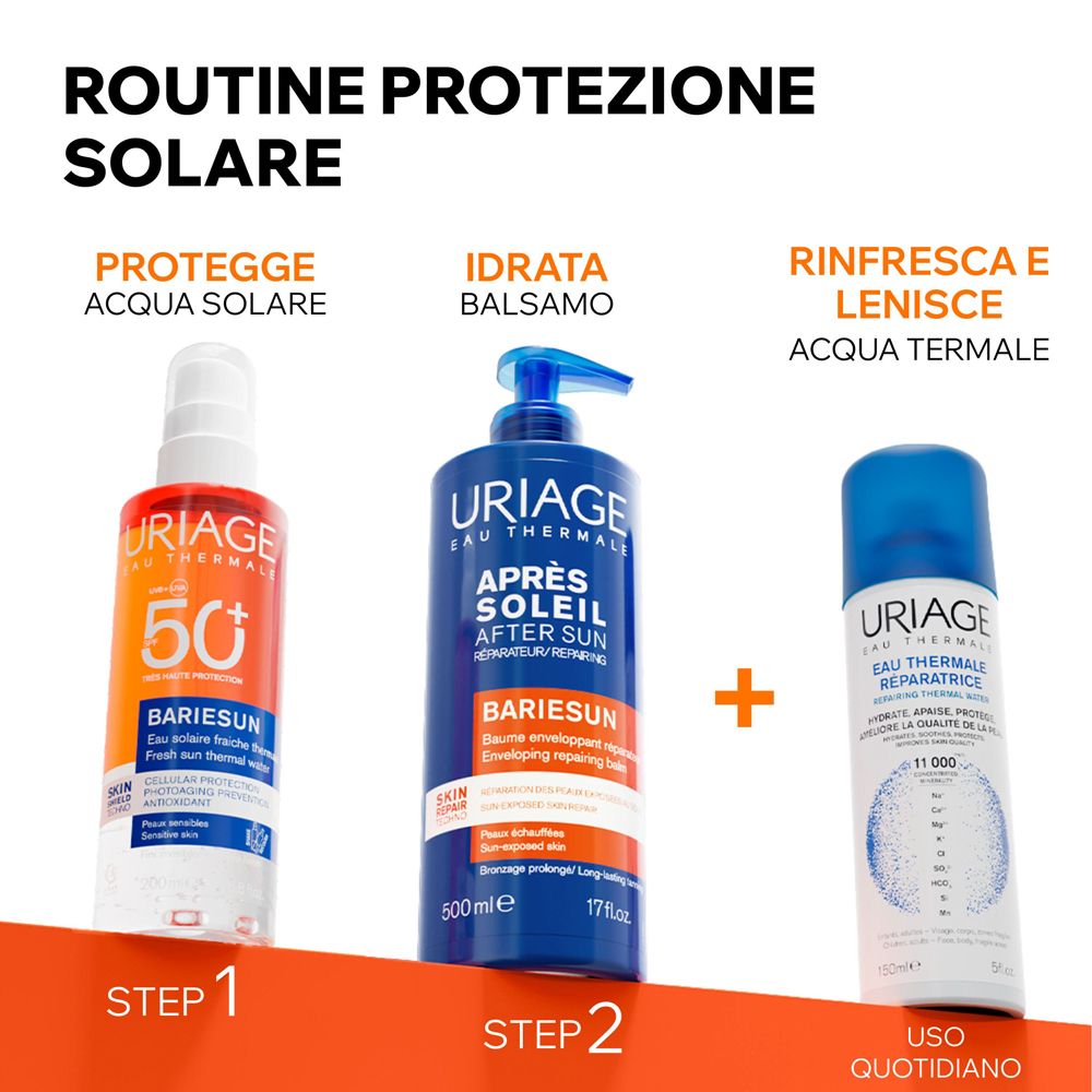 Routine protezione solare Uriage: spray solare, balsamo doposole, acqua termale.