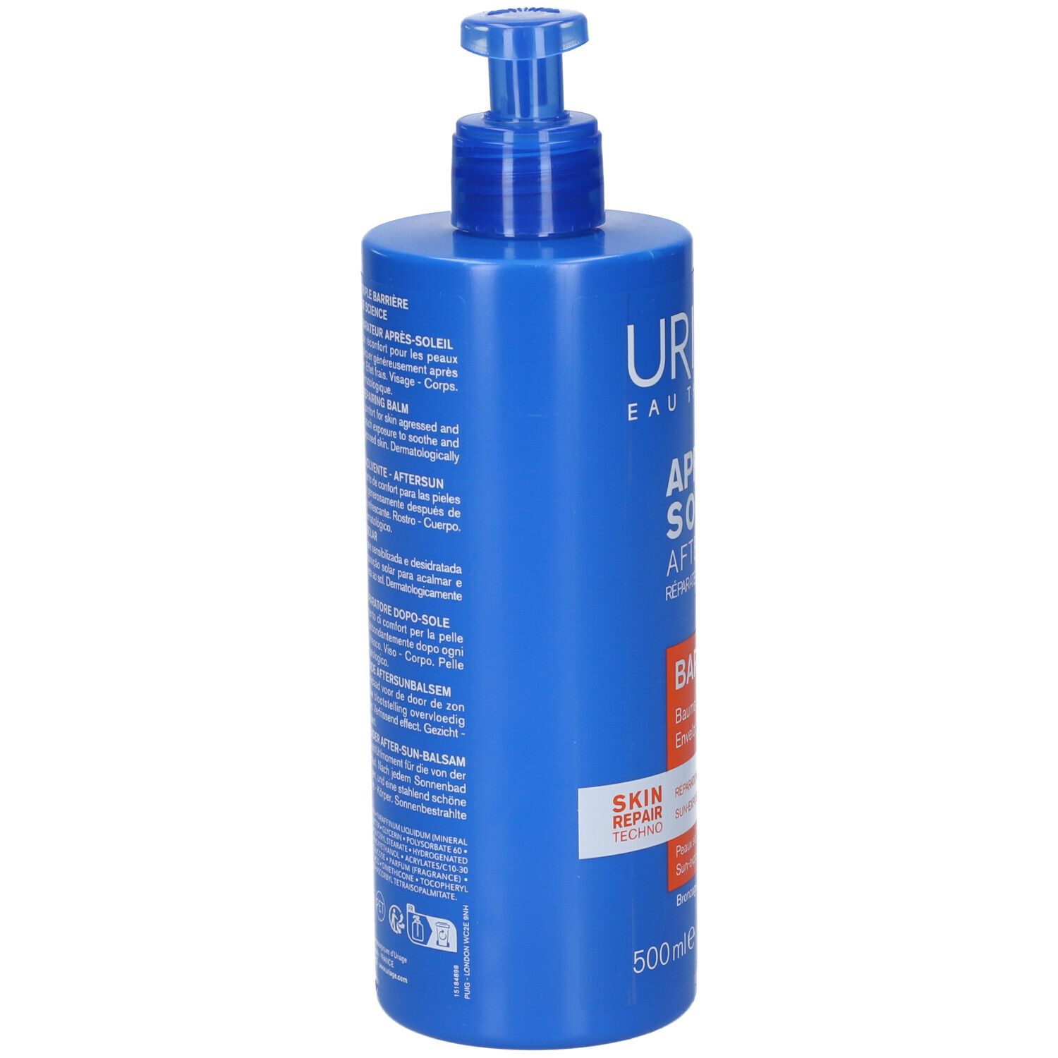 Flacone blu con dosatore. Retro con testo multilingue. Uriage Après Soleil, Bariesun, Doposole. 500 ml.