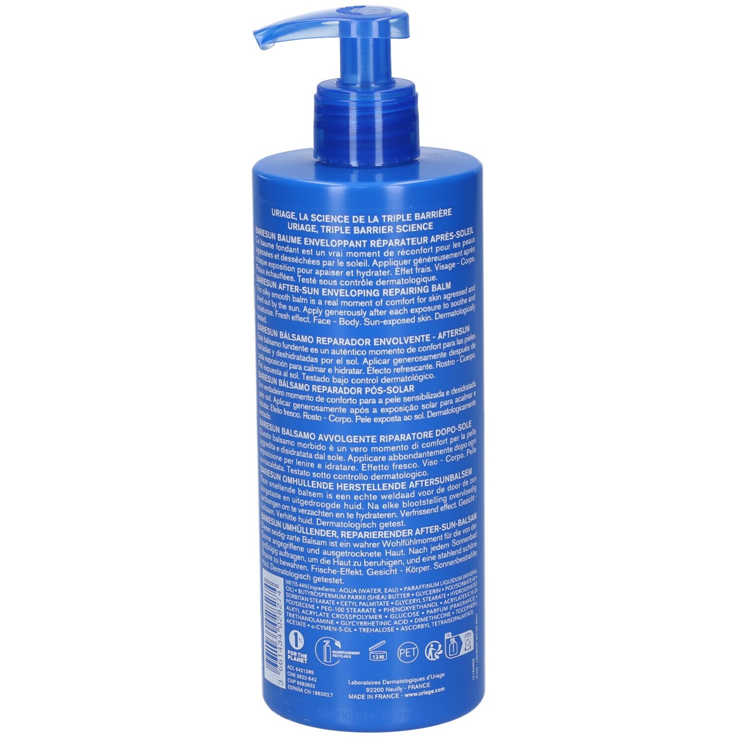 Flacone blu con dosatore. Retro con testo multilingue. Uriage Après Soleil, Bariesun, Doposole. 500 ml.