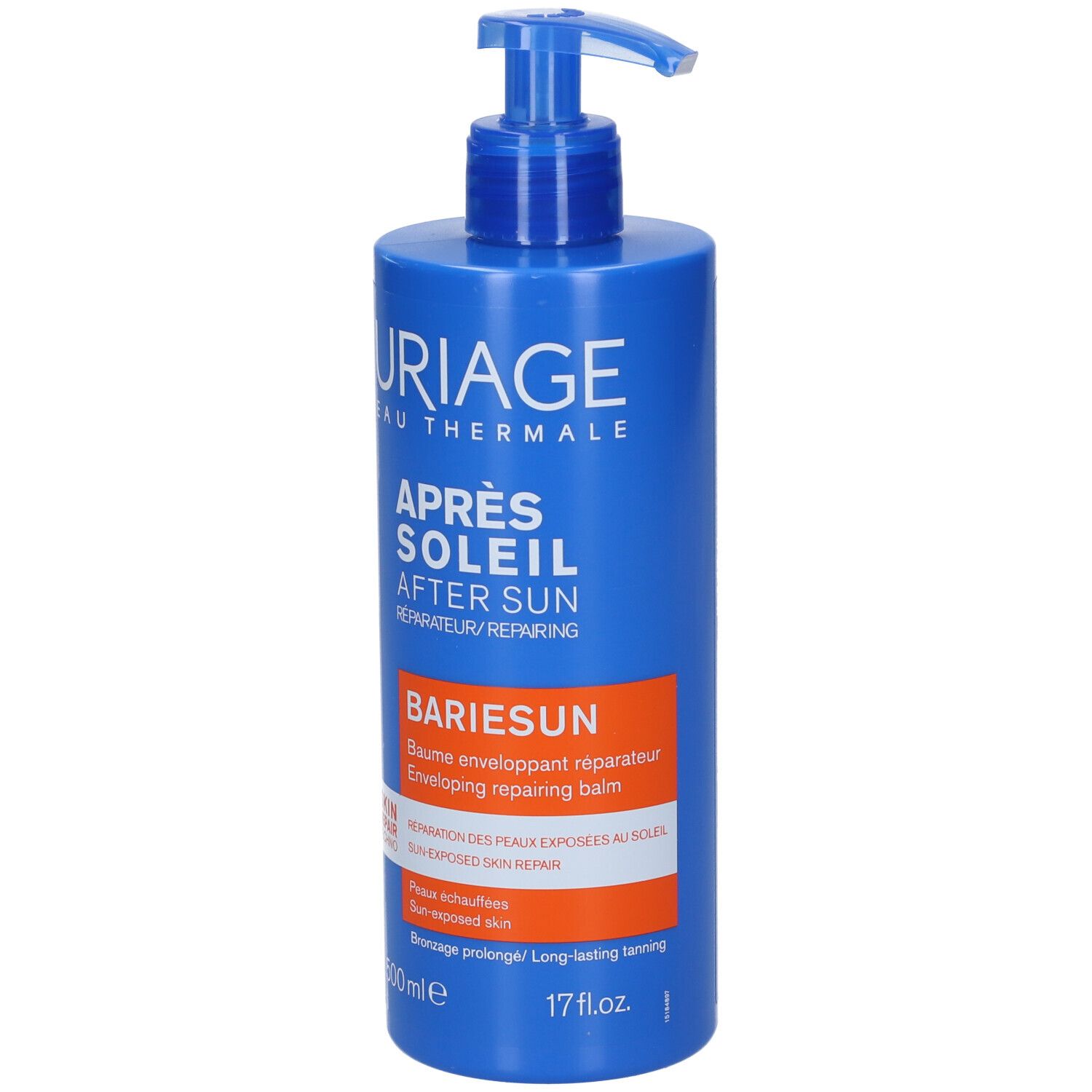 Flacone blu con dosatore. Uriage Après Soleil, Bariesun, Doposole. Testo in francese e inglese. 500 ml.