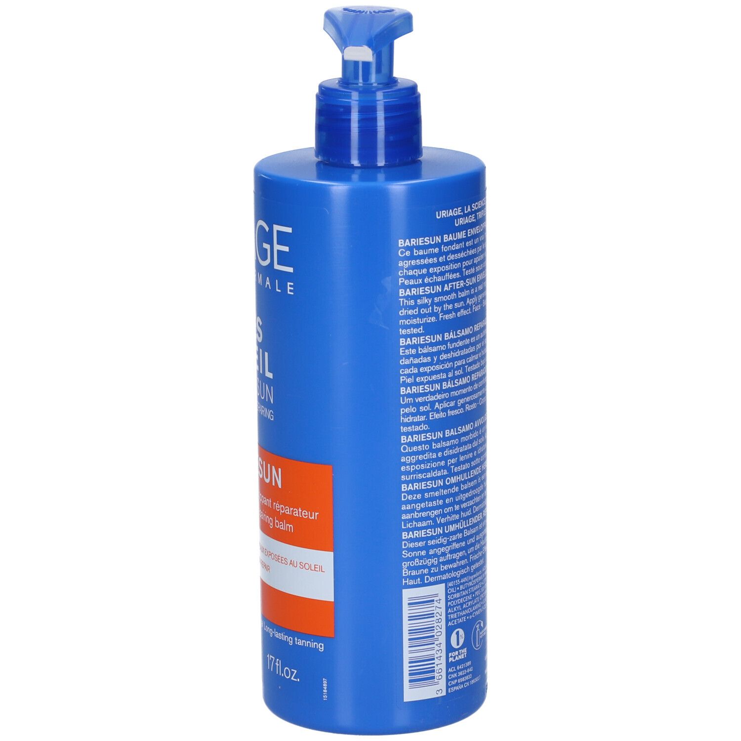 Flacone blu con dosatore. Retro con testo multilingue. Uriage Après Soleil, Bariesun, Doposole. 500 ml.